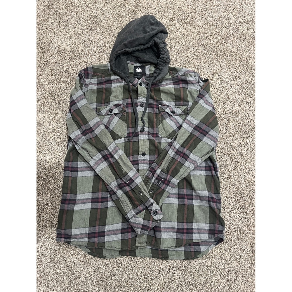 Quiksilver Mens Hooded Flannel Shirt Large Green Plaid Long Sleeve Button Down